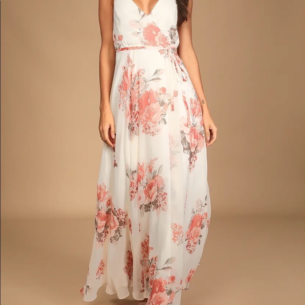 Lulus Elegantly Inclined Cream Floral Print Wrap Maxi Dress